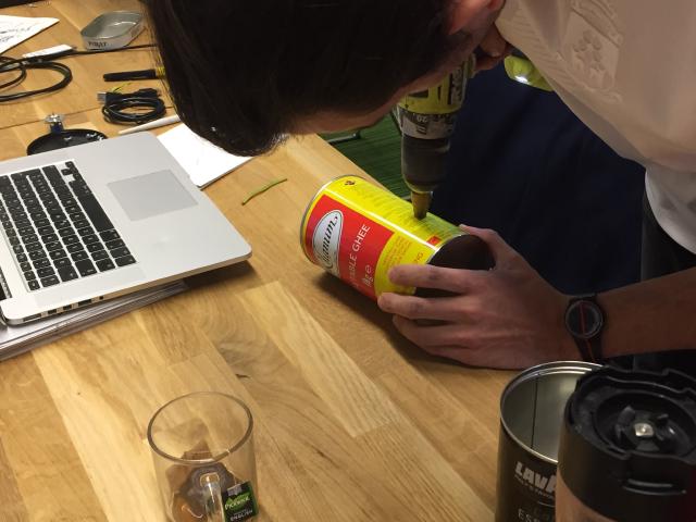 Drilling holes in a can for the UHF radio connector