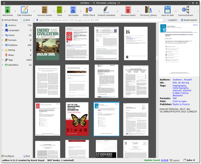 screenshot of the calibre interface