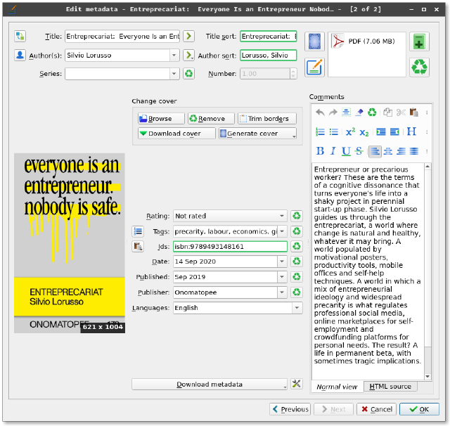 screenshot of calibre interface with fileld in  metadata fields