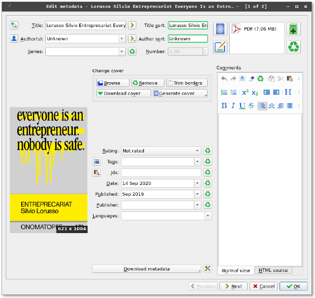screenshot of calibre interface with empty metadata fields