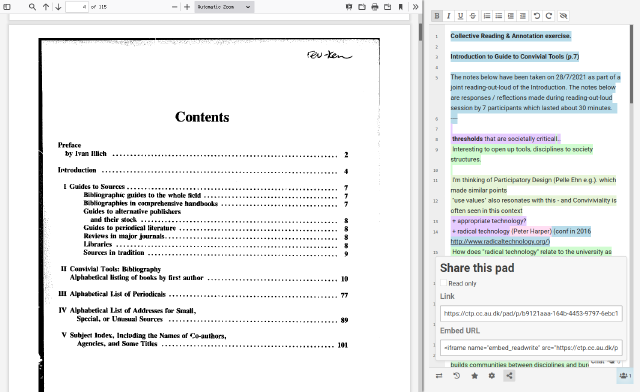 screenshot of etherpad linked to a book in calibre-web
