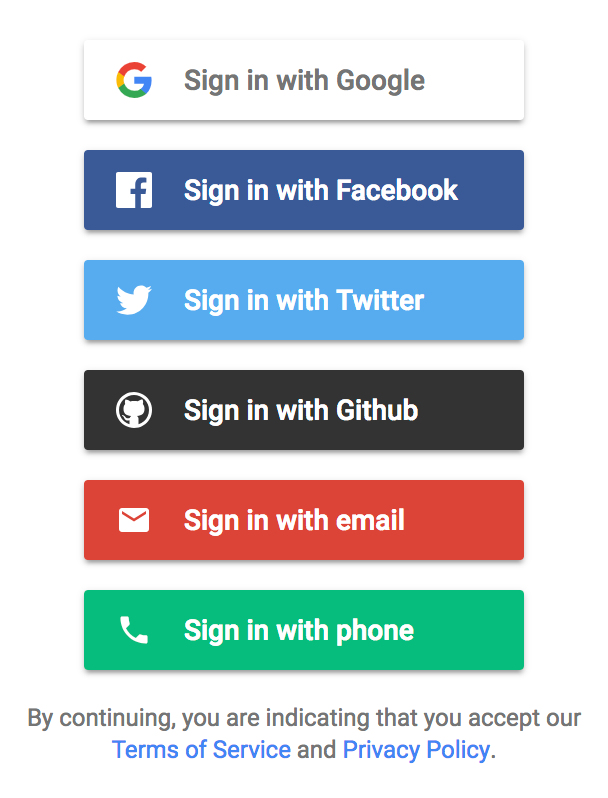 A web interface offering multiple sign-in options, each represented by a button with a logo and label: Google, Facebook, Twitter, GitHub, Email, and Phone. The buttons are colored to match the respective brand&rsquo;s theme. Below the buttons, text indicates acceptance of Terms of Service and Privacy Policy by proceeding.